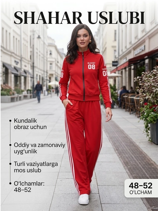 Ayollar uchun sport kostyumi, qulay bichim, zamonaviy dizayn, yon chiziqli shim