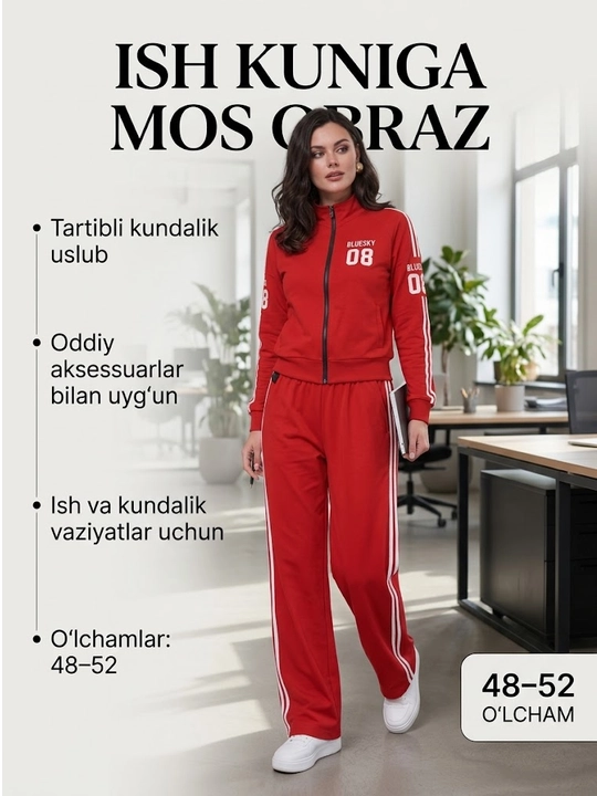 Ayollar uchun sport kostyumi, qulay bichim, zamonaviy dizayn, yon chiziqli shim