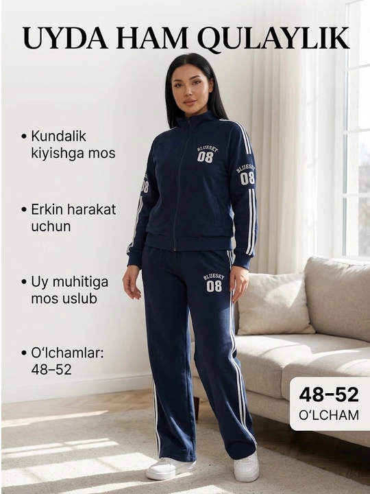 Ayollar uchun sport kostyumi, qulay bichim, zamonaviy dizayn, yon chiziqli shim - 