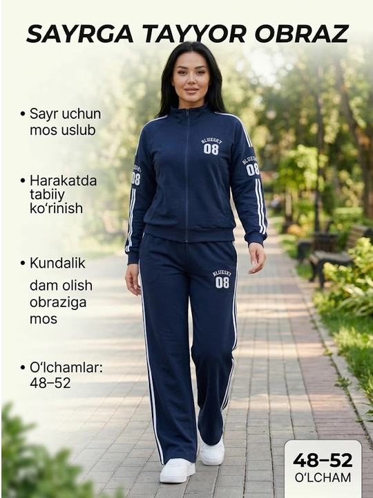 Ayollar uchun sport kostyumi, qulay bichim, zamonaviy dizayn, yon chiziqli shim