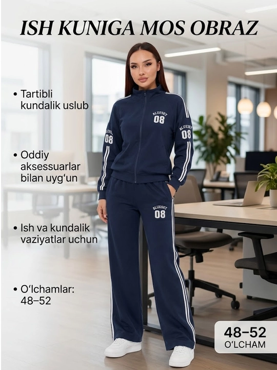 Ayollar uchun sport kostyumi, qulay bichim, zamonaviy dizayn, yon chiziqli shim