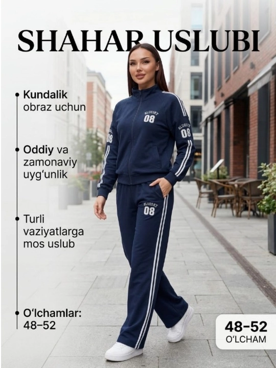 Ayollar uchun sport kostyumi, qulay bichim, zamonaviy dizayn, yon chiziqli shim