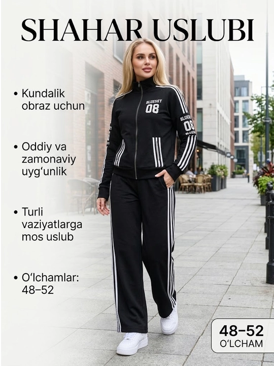 Ayollar uchun sport kostyumi, qulay bichim, zamonaviy dizayn, yon chiziqli shim