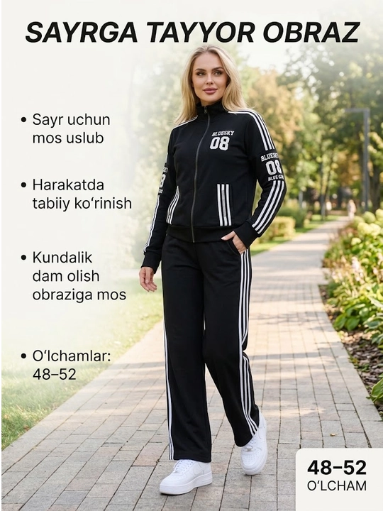 Ayollar uchun sport kostyumi, qulay bichim, zamonaviy dizayn, yon chiziqli shim