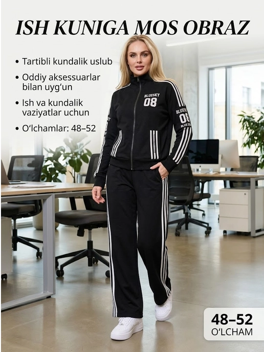 Ayollar uchun sport kostyumi, qulay bichim, zamonaviy dizayn, yon chiziqli shim