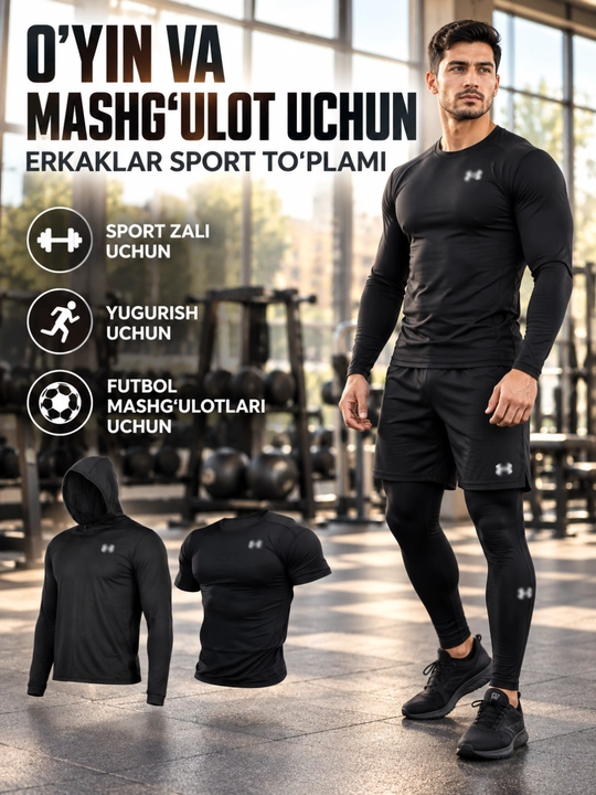 Erkaklar sport kiyimi to‘plami, rashgard, shortik va lasina, fitnes va futbol uchun