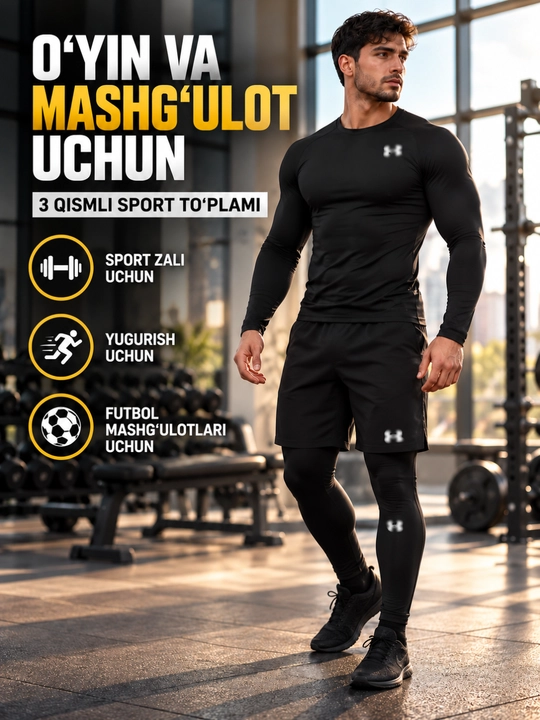 Erkaklar sport kiyimi to‘plami, rashgard, shortik va lasina, fitnes va futbol uchun