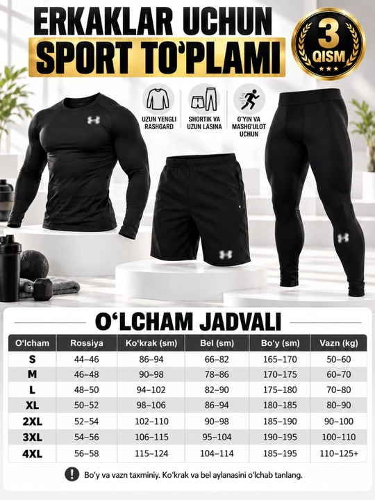 Erkaklar sport kiyimi to‘plami, rashgard, shortik va lasina, fitnes va futbol uchun - 