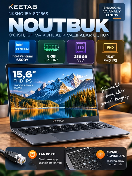 KEETAB  ноутбук, Intel Pentium 6500Y, 8 ГБ LPDDR3, SSD 256 ГБ, 15.6 FHD IPS, серый - 