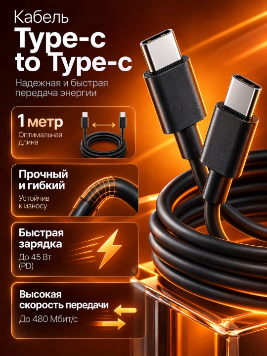 Сетевое зарядное устройство 45W PD USB-C с кабелем Type-C - Type-C
