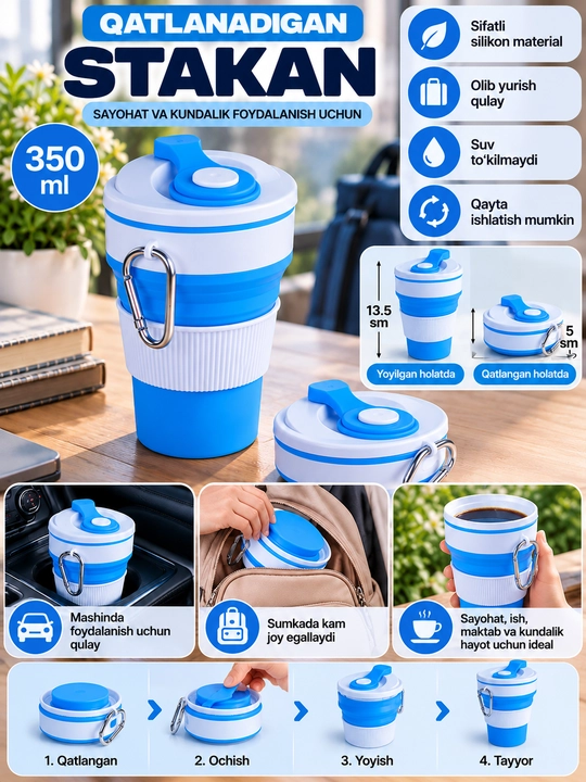 Yig‘iladigan sayohat stakani 350 ml — BPA-siz silikondan tayyorlangan sayohat krujkasi