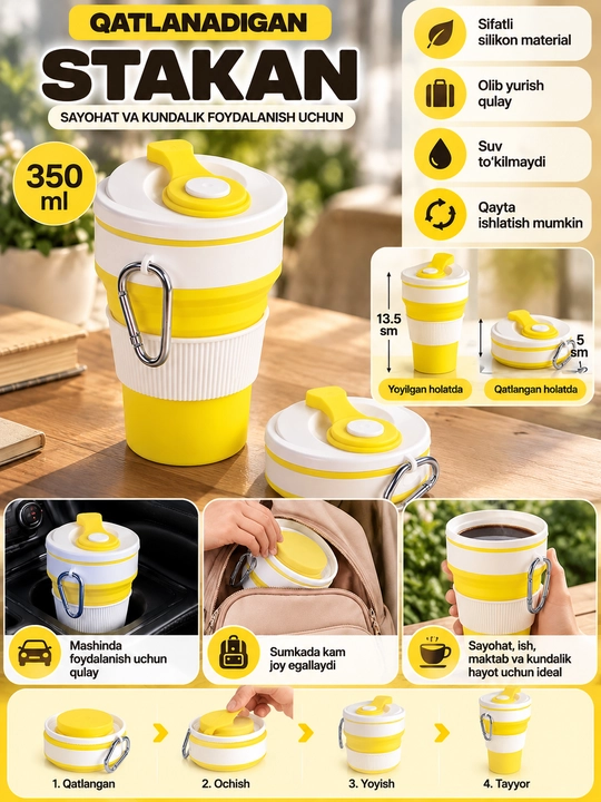 Yig‘iladigan sayohat stakani 350 ml — BPA-siz silikondan tayyorlangan sayohat krujkasi