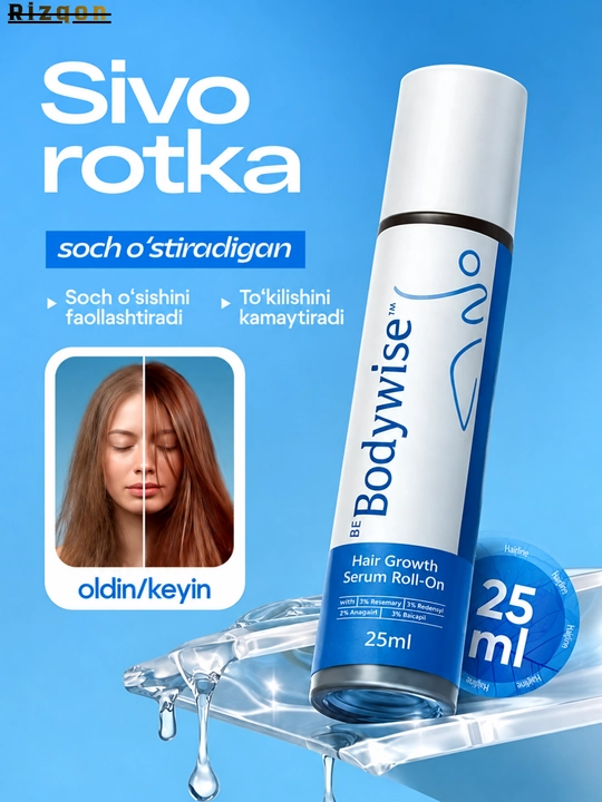 Soch o‘sishi uchun zardob Hair Growth Serum Rooll-on Bodywise, 25 ml, to‘kilishiga qarshi - 