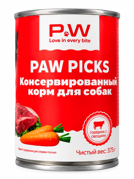 Paw Picks - Mol go‘shti va sabzavotli itlar uchun konservalangan ozuqa, 375 g