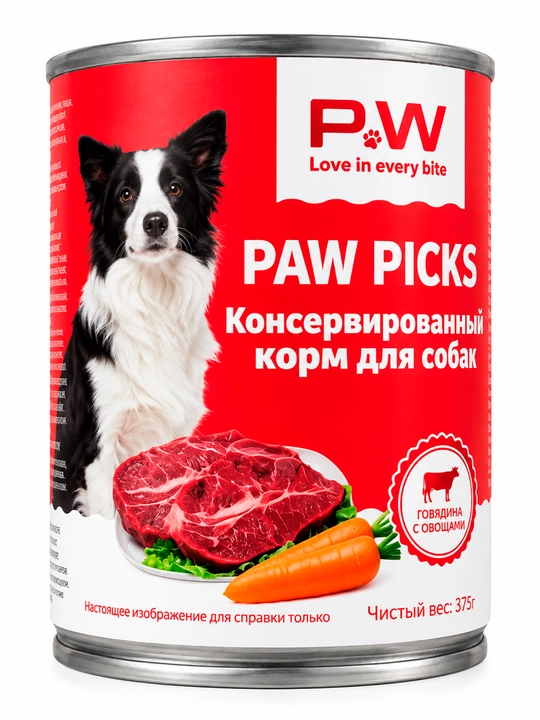 Paw Picks - Mol go‘shti va sabzavotli itlar uchun konservalangan ozuqa, 375 g
