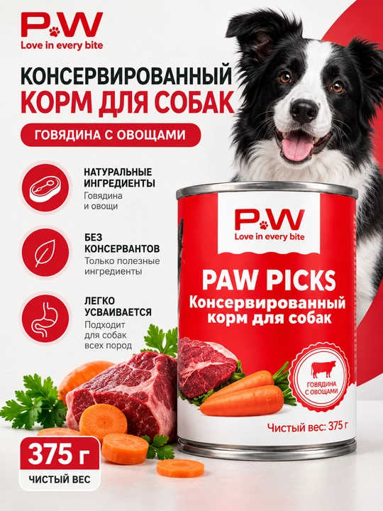 Paw Picks - Mol go‘shti va sabzavotli itlar uchun konservalangan ozuqa, 375 g - 