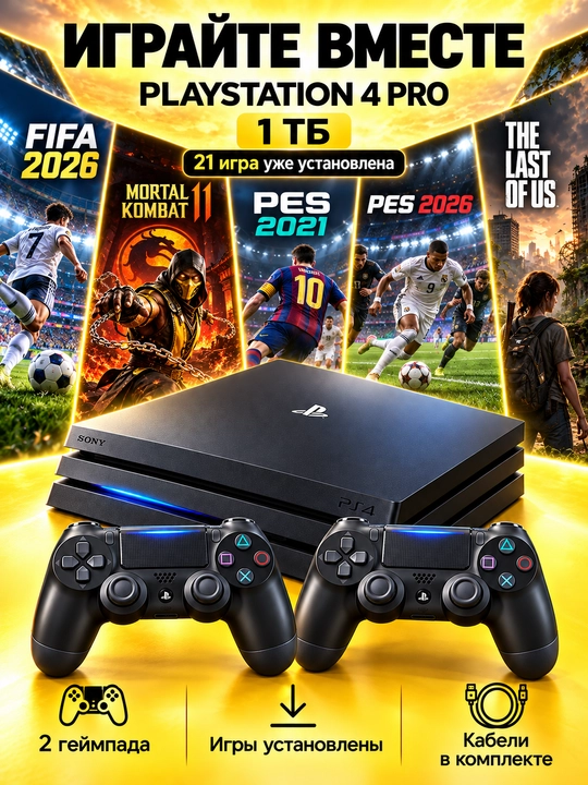 Игровая приставка PlayStation 4 Pro, предустановленные игры, 1 ТБ, 2 джойстика - 
