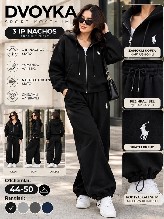 Ayollar uchun sport polo dvoyka 3 ip nachos, issiq, kapyushonli zamokli kofta va keng shim