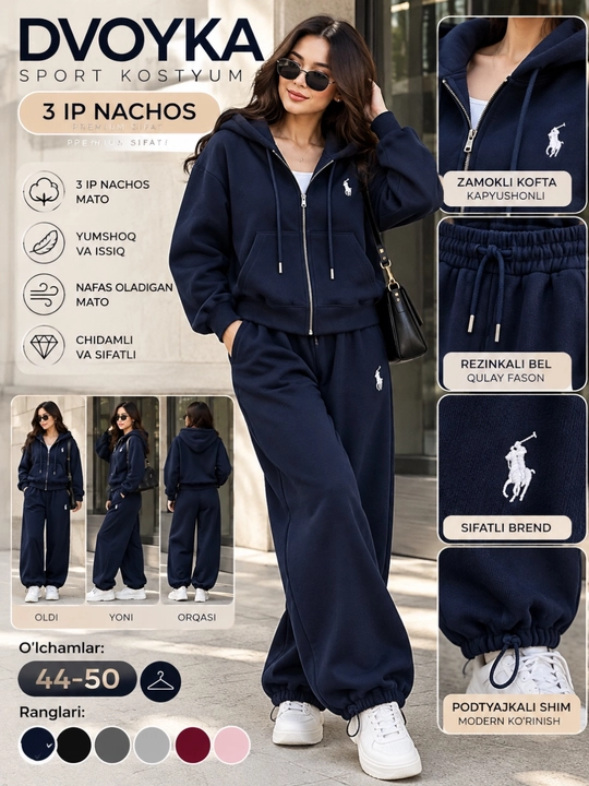 Ayollar uchun sport polo dvoyka 3 ip nachos, issiq, kapyushonli zamokli kofta va keng shim