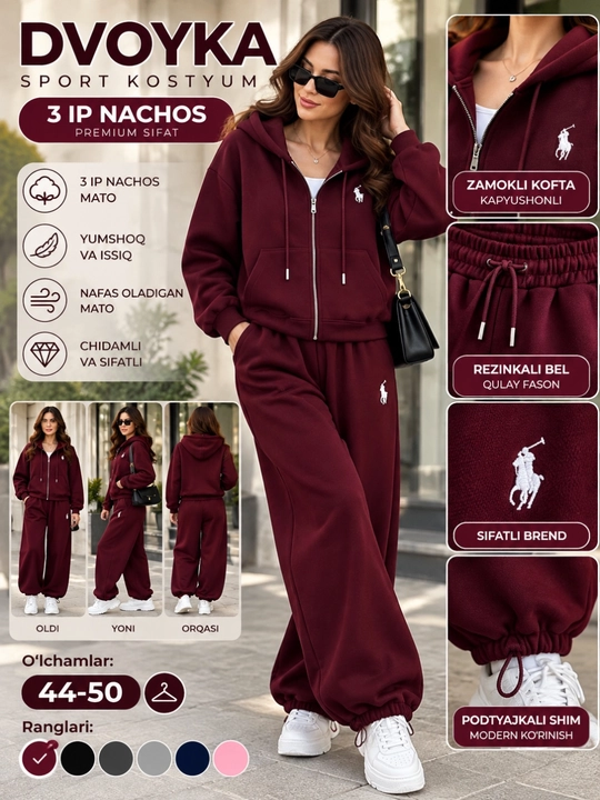 Ayollar uchun sport dvoyka – 3 ip nachos, issiq, kapyushonli zamokli kofta va keng shim - 