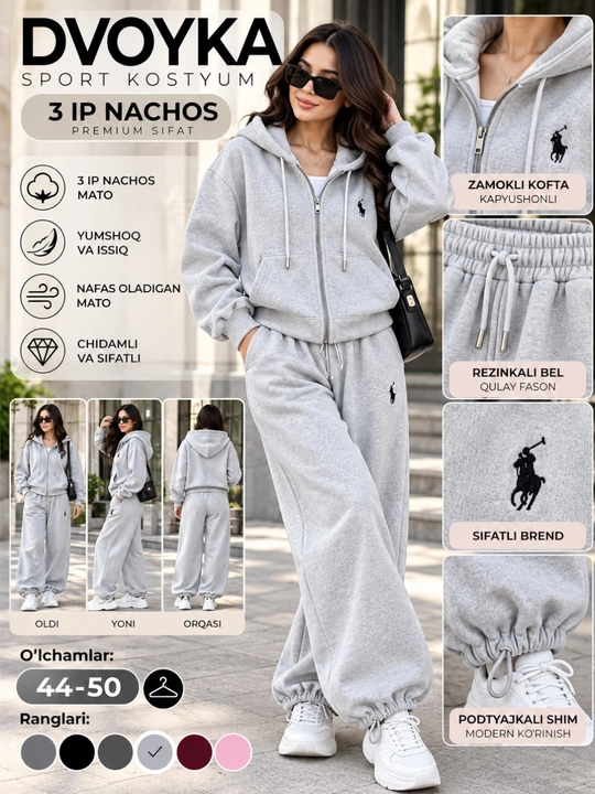 Ayollar uchun sport polo dvoyka 3 ip nachos, issiq, kapyushonli zamokli kofta va keng shim