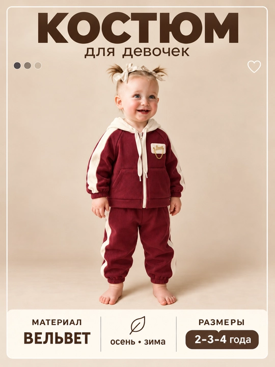 Qizaloqlar uchun velur sport komplekti, zamokli hudi va shim, zamonaviy kostyum - 