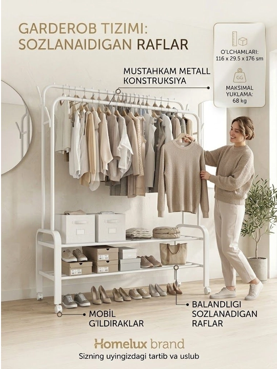 Garderob tizimi, kiyim ilgich, reyl, ochiq shkaf, organayzer