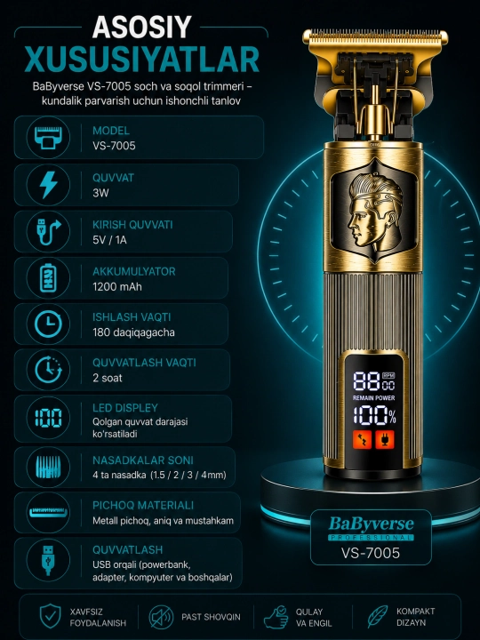 Машинка для стрижки волос и бороды BaByverse VS-7005, USB, LED, 1200