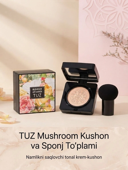 Тональный крем-кушон BB TUZ Mushroom Air Cushion, для лица пудра, тоналка, спонж, 15 г