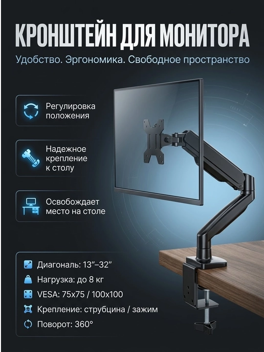 Monitor uchun stolga o‘rnatiladigan kronshteyn, qora rang