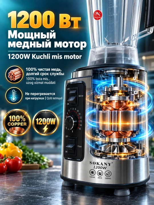 Kuchli SOKANY 1200W 7-in-1 oziq-ovqat protsessori, blender, go'sht maydalagich,maydalagich