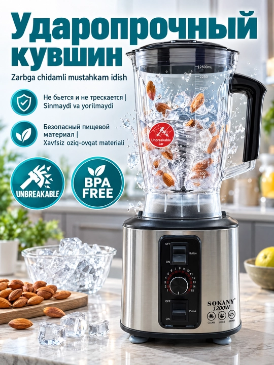 Kuchli SOKANY 1200W 7-in-1 oziq-ovqat protsessori, blender, go'sht maydalagich,maydalagich