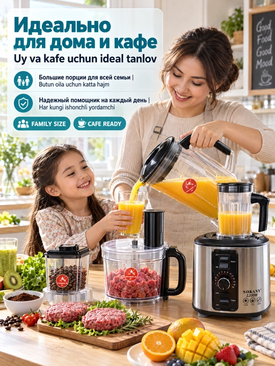 Kuchli SOKANY 1200W 7-in-1 oziq-ovqat protsessori, blender, go'sht maydalagich,maydalagich