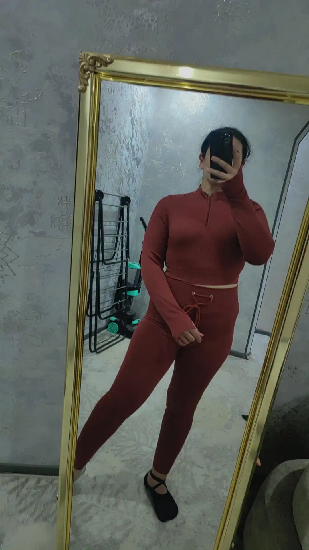 Ayollar sport kostyumi, fermuarli uzun yengli top va leggins, fitnes uchun, M–L