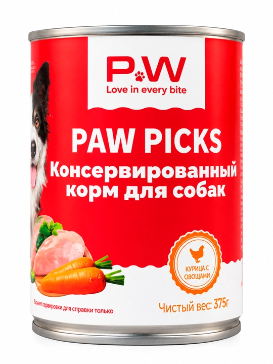 Paw Picks - Tovuq va sabzavotli itlar uchun konservalangan ozuqa, 375 g