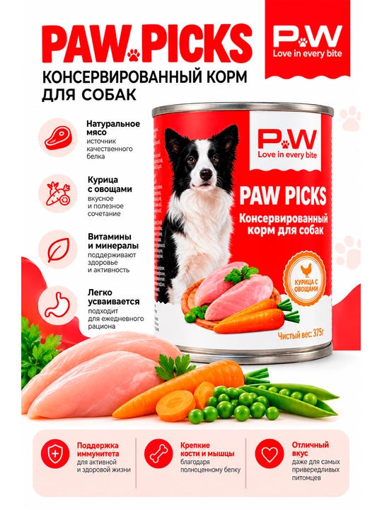 Paw Picks - Tovuq va sabzavotli itlar uchun konservalangan ozuqa, 375 g - 