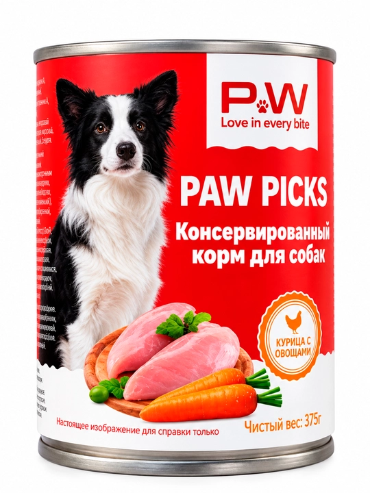 Paw Picks - Tovuq va sabzavotli itlar uchun konservalangan ozuqa, 375 g