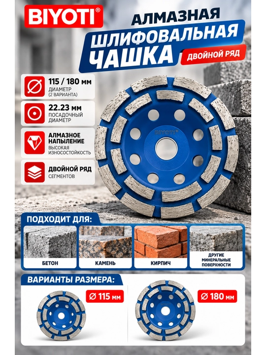 Алмазная шлифовальная чашка BIYOTI для бетона и камня, двухрядная, 115/180 мм - 