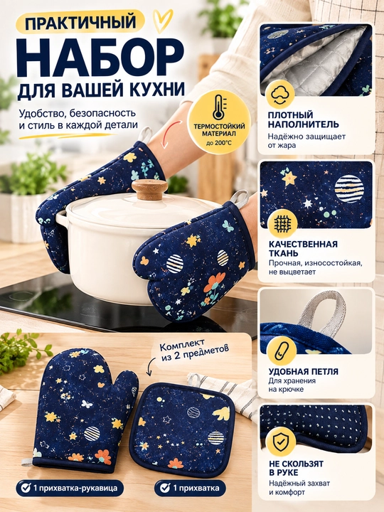 Набор кухонных прихваток, термостойких, рукавица для духовки и горячей посуды