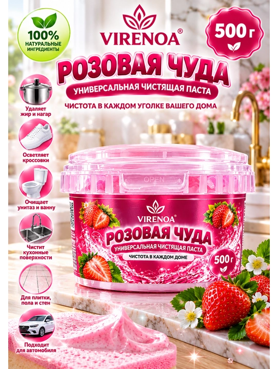Universal tozalash pastasi Virenoa Püshti mo'jiza, yog' va dog'larga qarshi, 500 g