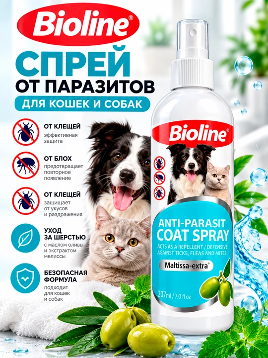 Bioline Anti-Parasit Coat Spray Mushuklar va itlar uchun parazitlarga qarshi sprey, 207 ml
