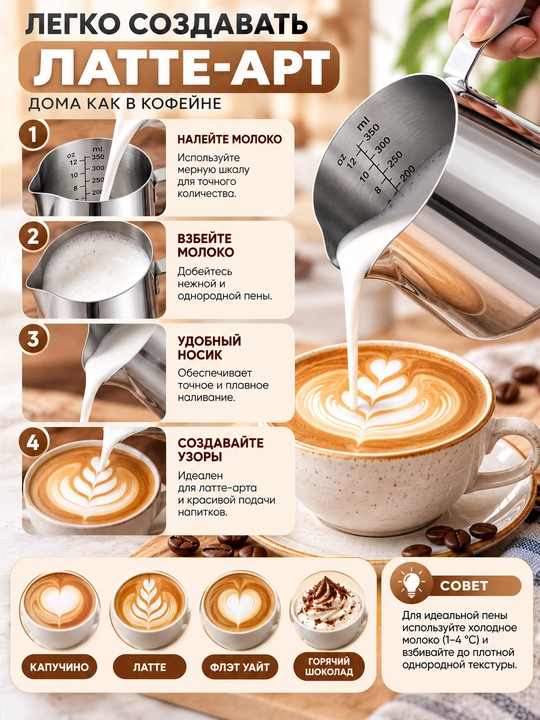 Barista uchun sut pitсher, kapuchino va latte-art tayyorlash uchun sut ko‘pirtirgich