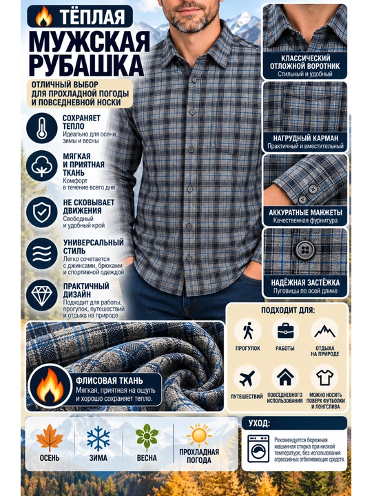 Толстая флисовая рубашка для мужчин - 