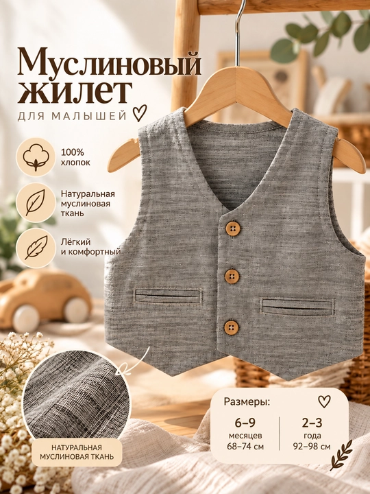 Детский муслиновый жилет Tiffany Baby на пуговицах, серый - 