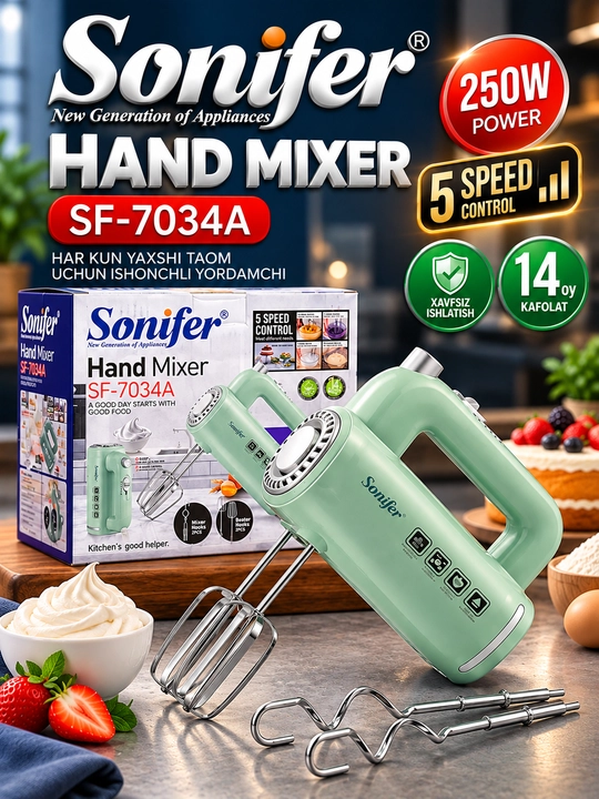 Миксер ручной электрический Sonifer SF-7034, 250 Вт, 5 скоростей, для теста и крема - 