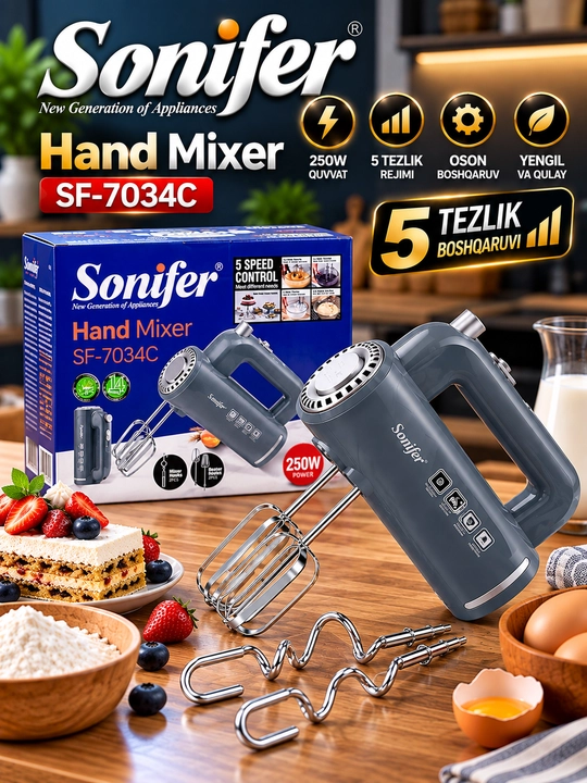 Миксер ручной электрический Sonifer SF-7034, 250 Вт, 5 скоростей, для теста и крема - 