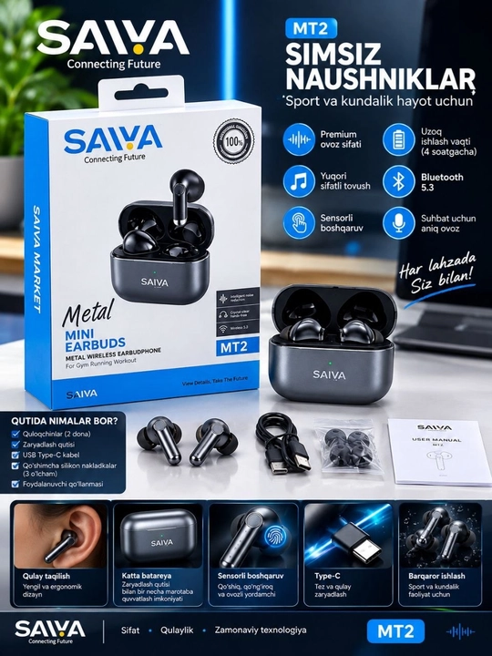 SAIYA MT2 — Erpots simsiz quloqchinlari, metall korpusli TWS Bluetooth 5.3 - 