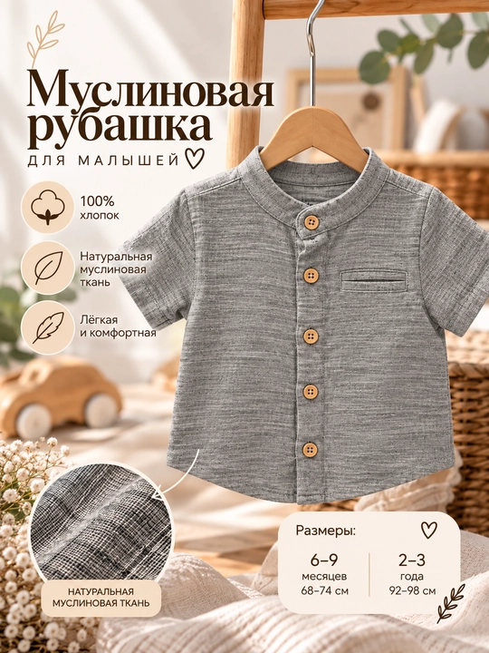 Детская муслиновая рубашка Tiffany Baby, серого цвета, с воротником и пуговицами спереди - 
