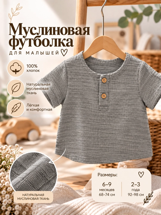 Детская муслиновая футболка-поло Tiffany Baby, серого цвета - 