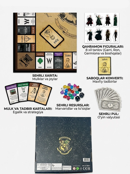Garri Potter Monopoliya stol o‘yini, Xogvarts xaritasi, 8 ta figurka, kartalar va kubiklar - 